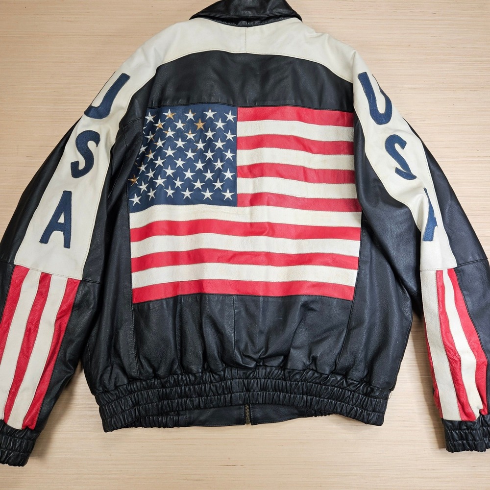 USA Flag Biker Dream Apparel Leather Bomber Jacket Men XXXL Black Thinsulate